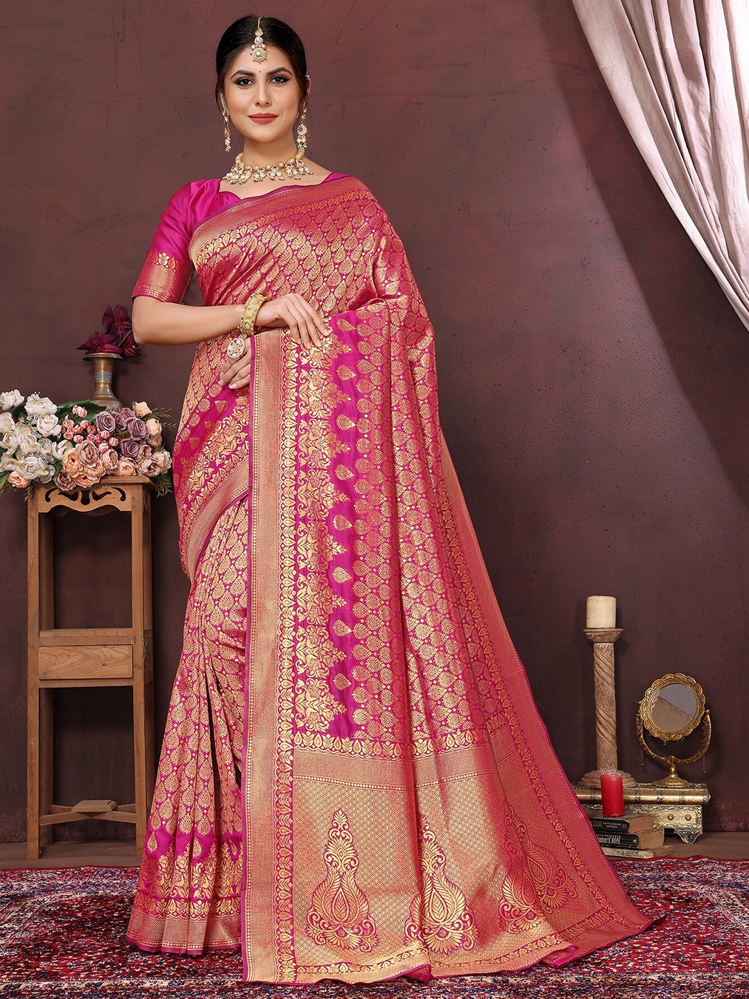 

KALINI Ethnic Woven Design Zari Banarasi Saree, Pink