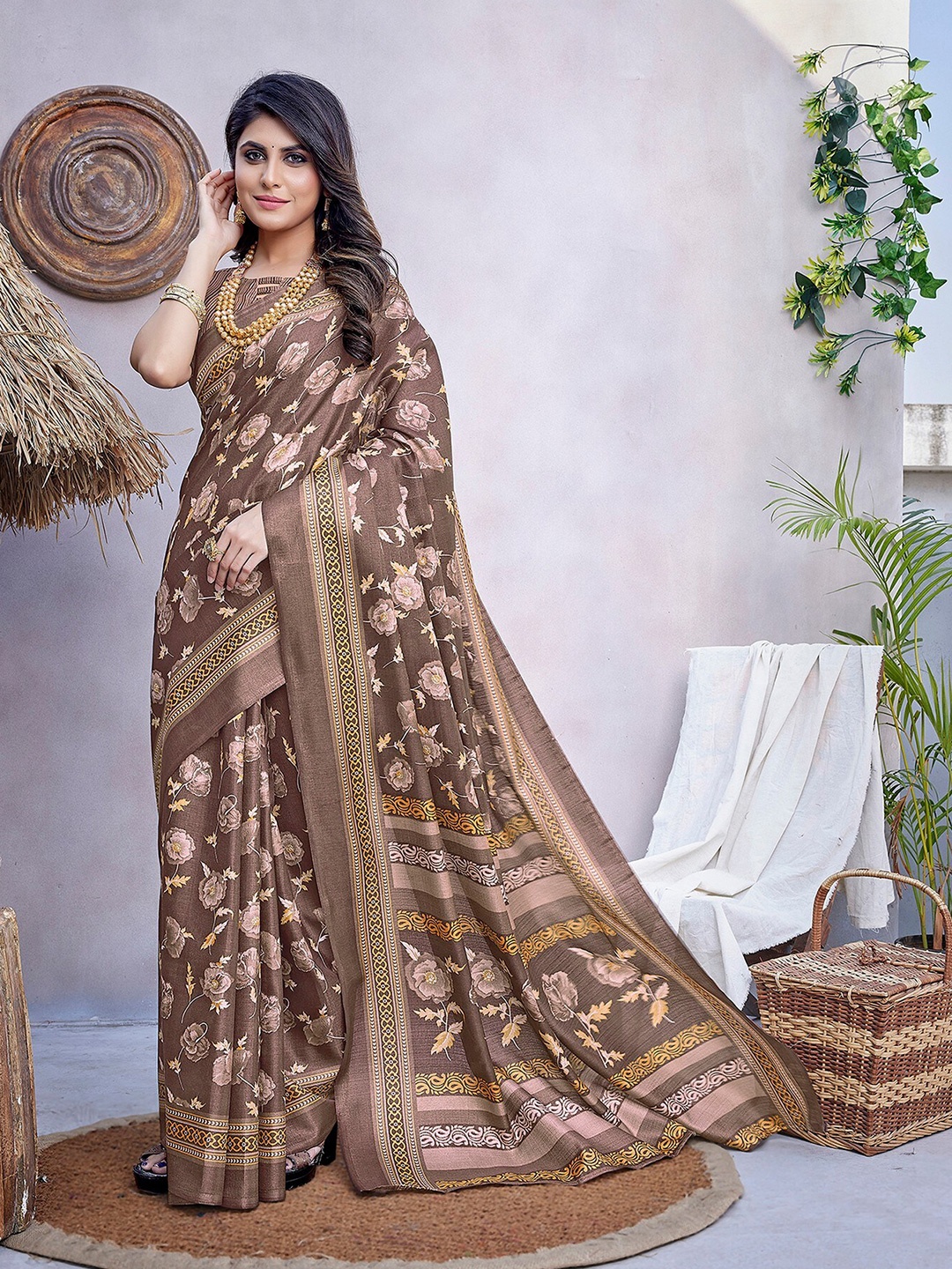 

KALINI Floral Printed Mysore Silk Saree, Brown