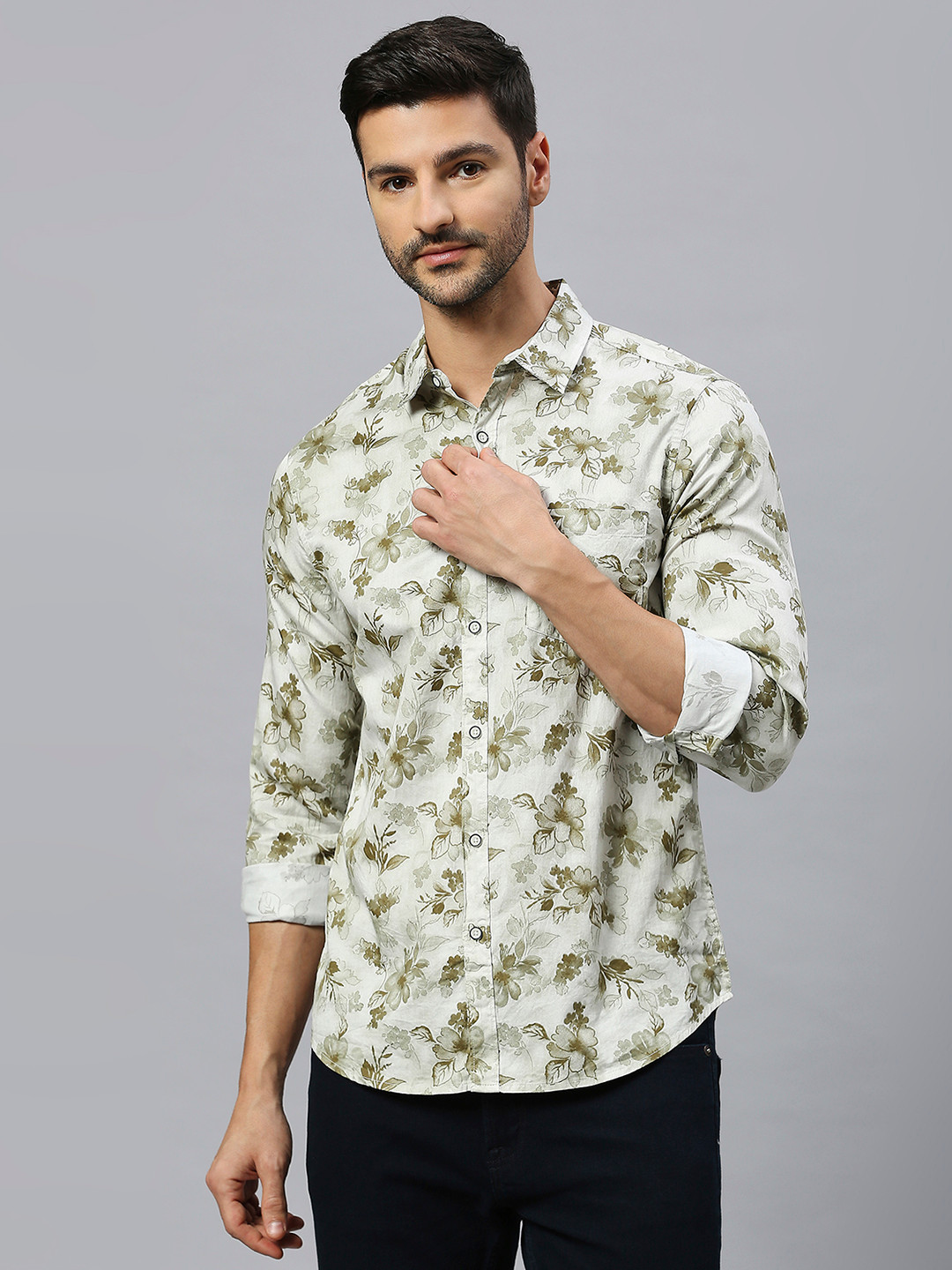 

VALEN CLUB Slim Fit Floral Printed Pure Cotton Casual Shirt, Olive