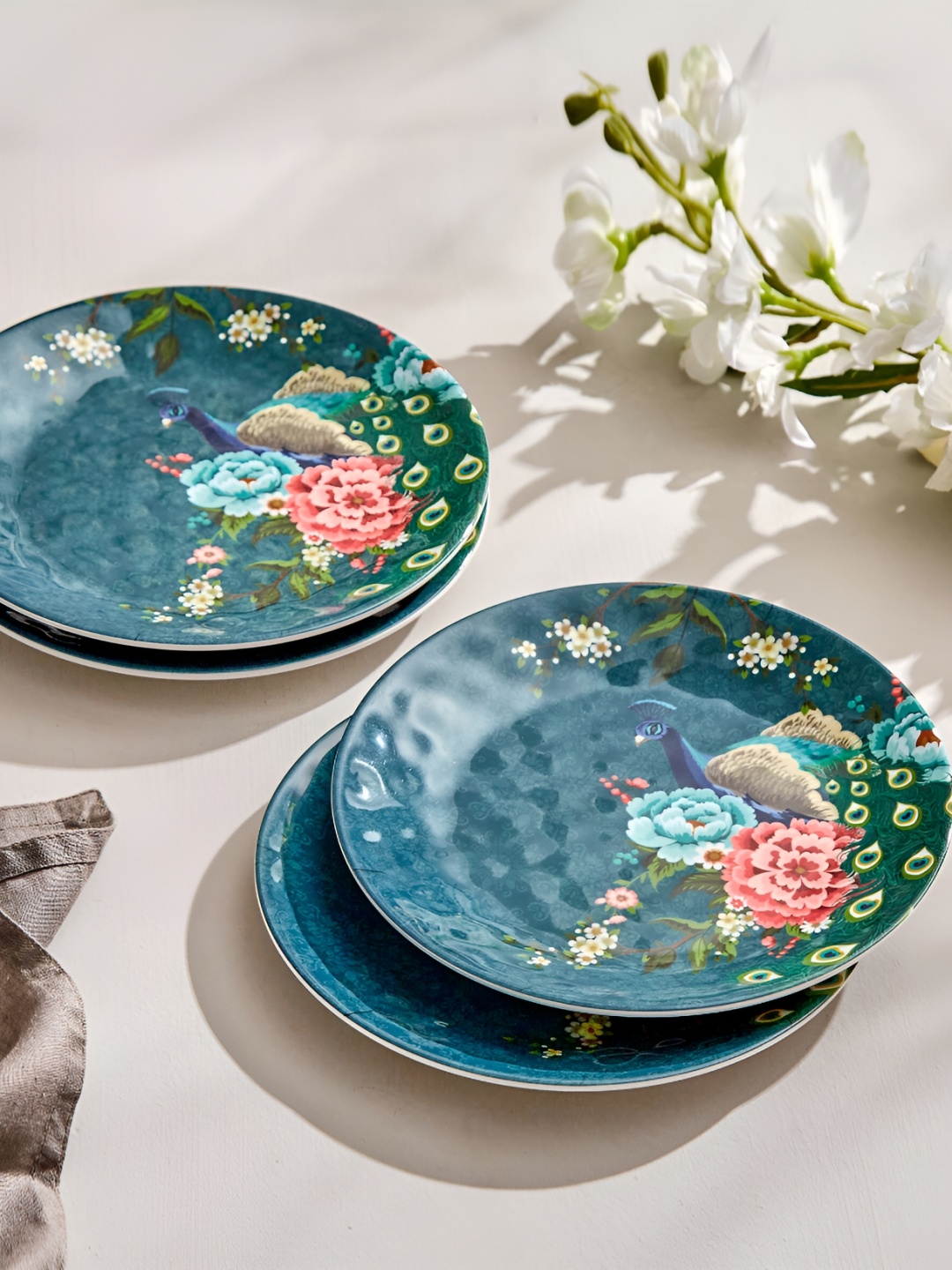 

Home Centre Teal Green 4 Pieces Floral Printed Melamine Glossy Side Plates
