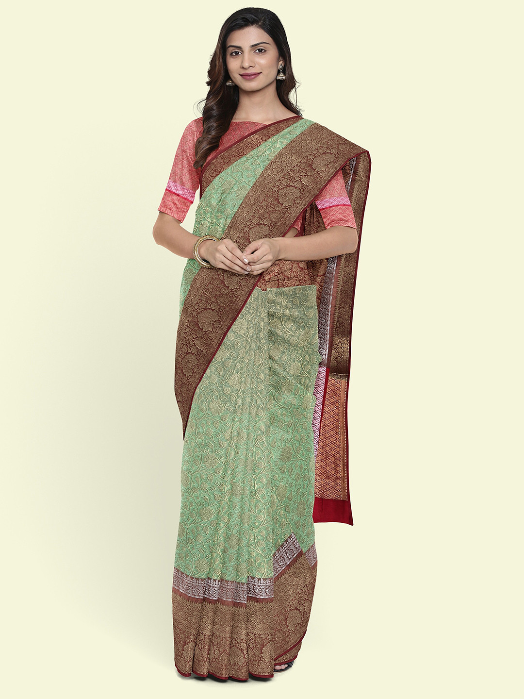 

Muskan Fashion Ethnic Motifs Woven Design Zari Tissue Banarasi Saree, Green
