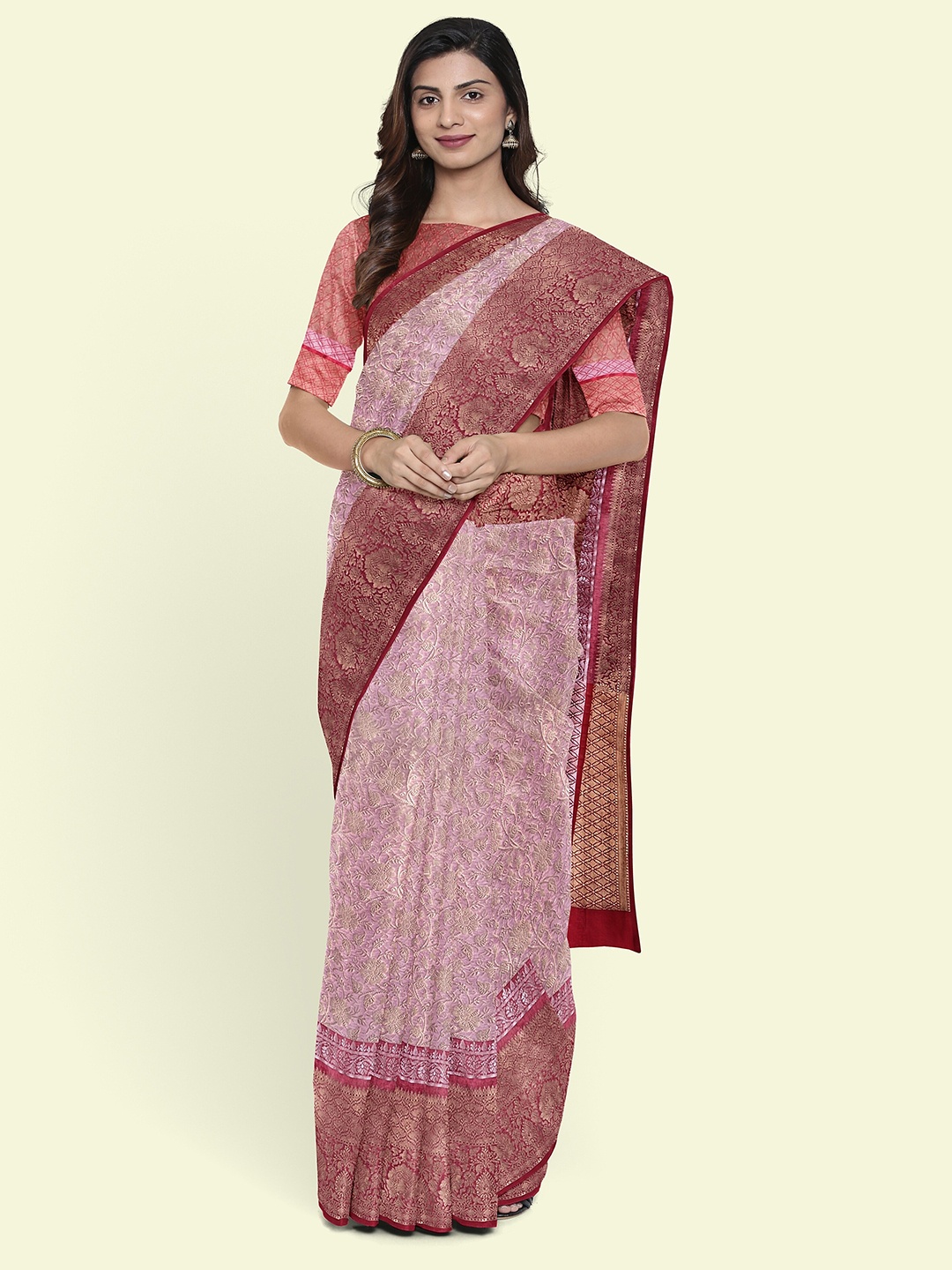 

Muskan Fashion Ethnic Motifs Woven Design Zari Tissue Banarasi Saree, Pink
