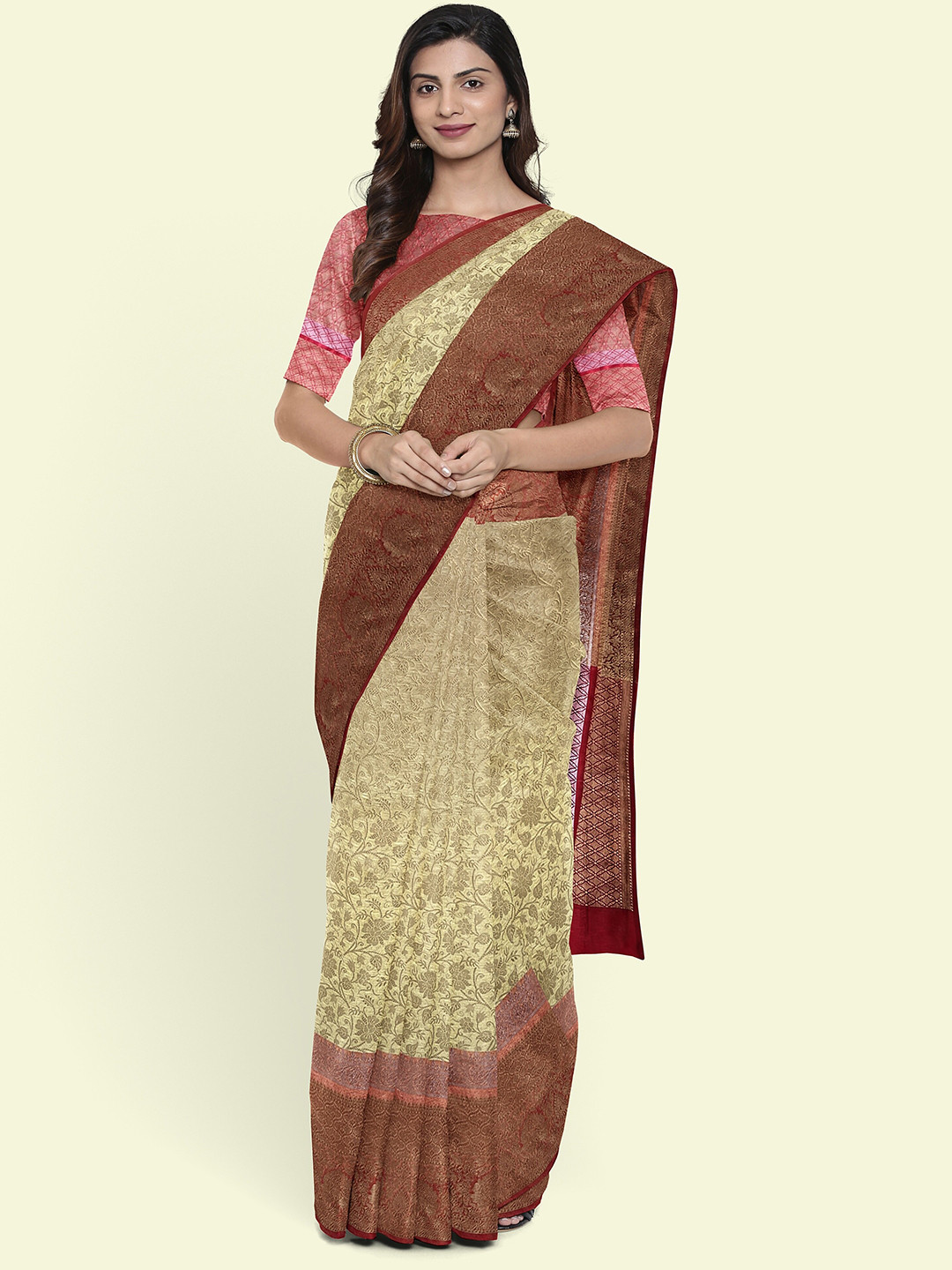 

Muskan Fashion Ethnic Motifs Woven Design Zari Tissue Banarasi Saree, Gold