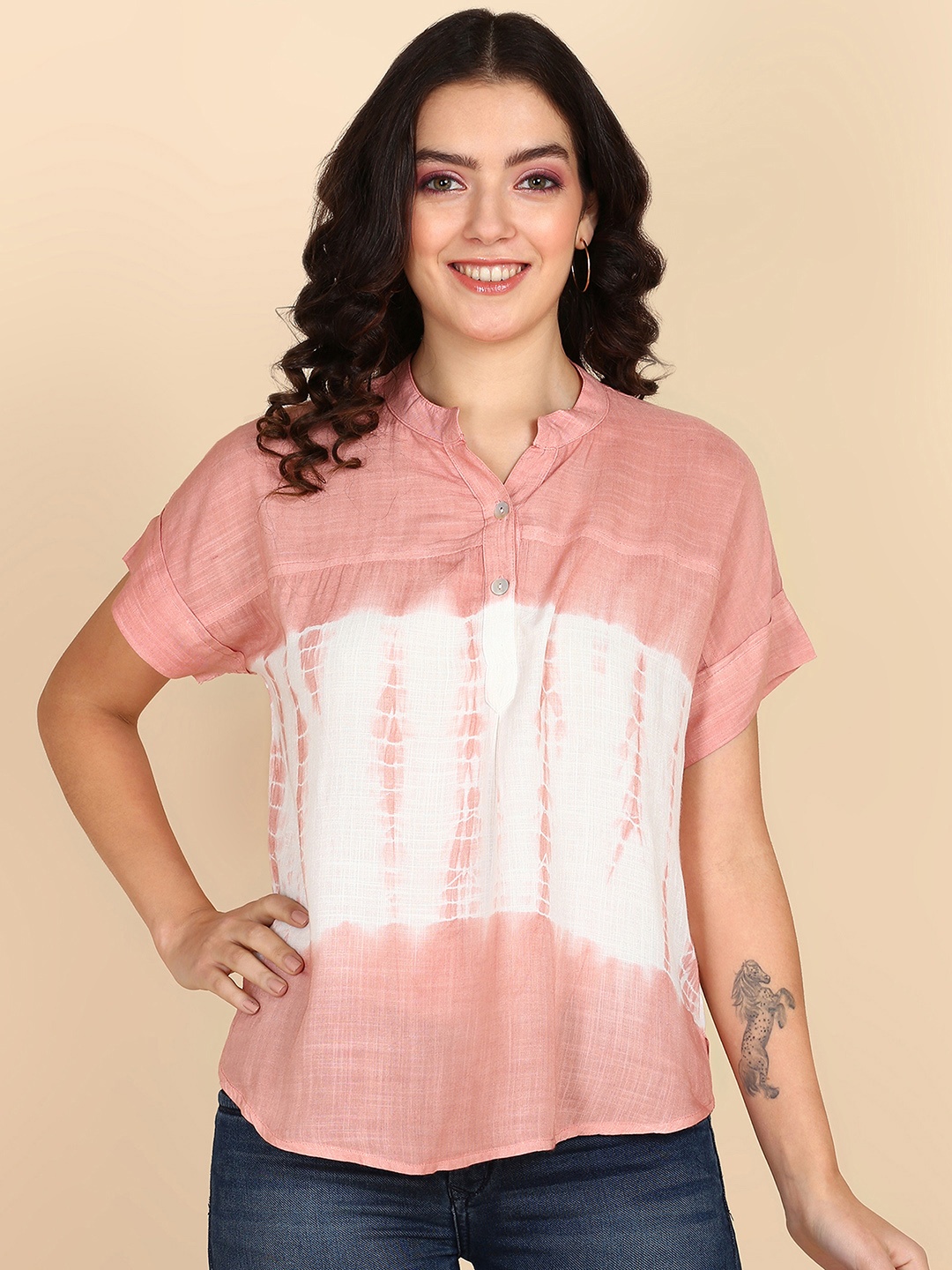 

Maaesa Tie & Dyed Mandarin Collar Crepe Shirt Style Top, Rose gold