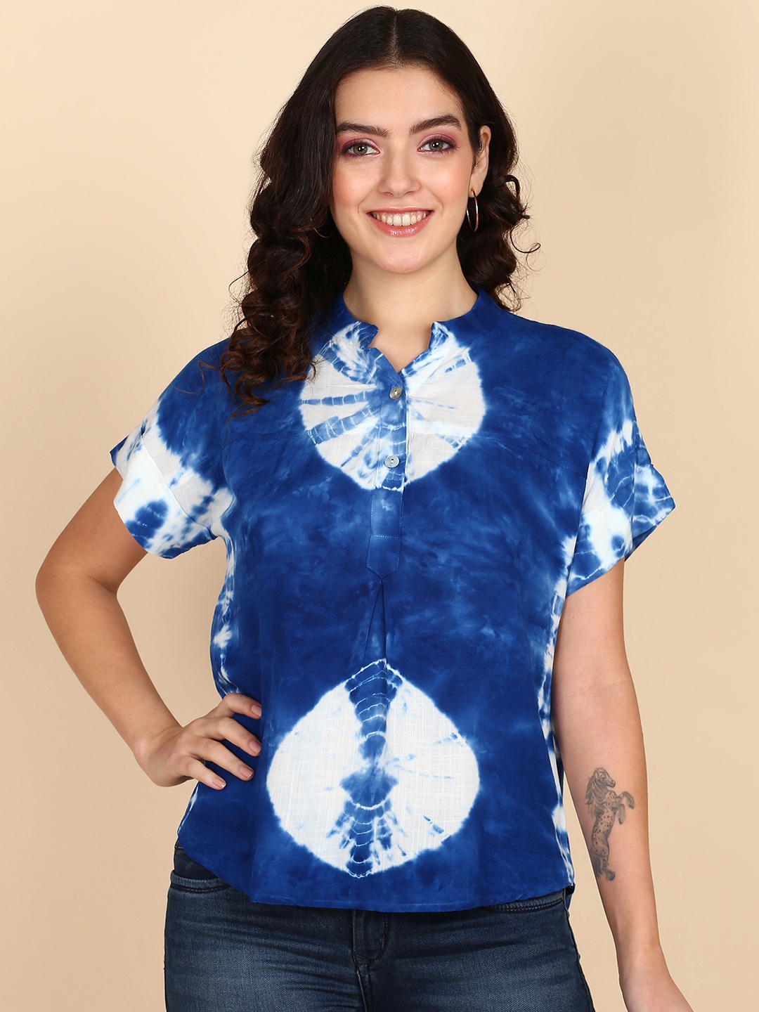 Maaesa Tie & Dye Mandarin Collar Extended Sleeves Top, Navy blue