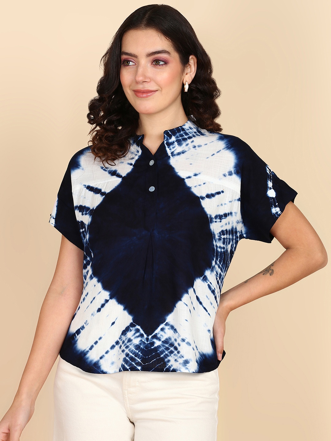 

Maaesa Tie & Dye Mandarin Collar Extended Sleeves Top, Navy blue
