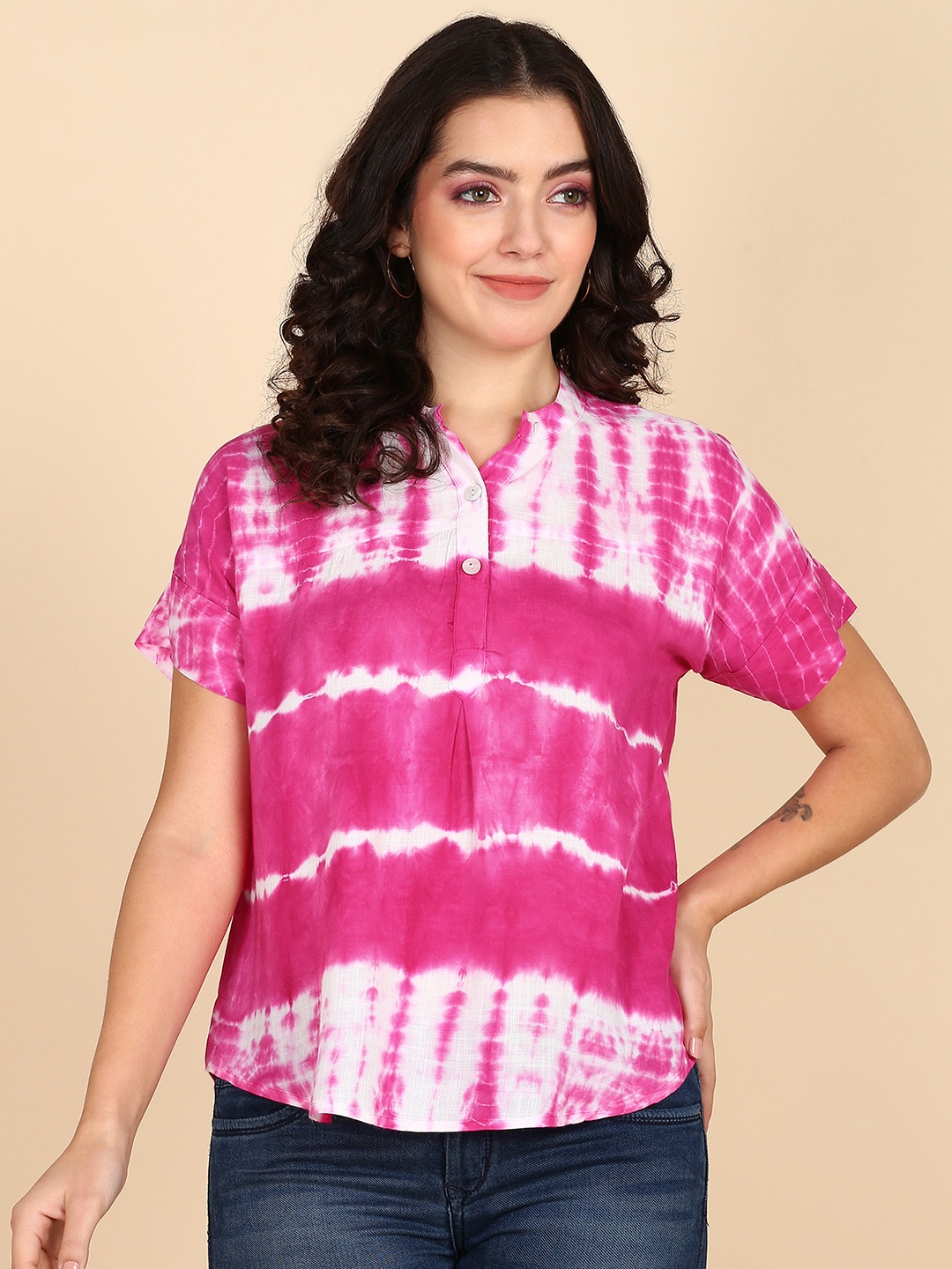 Maaesa Tie & Dye Mandarin Collar Extended Sleeves Top, Magenta