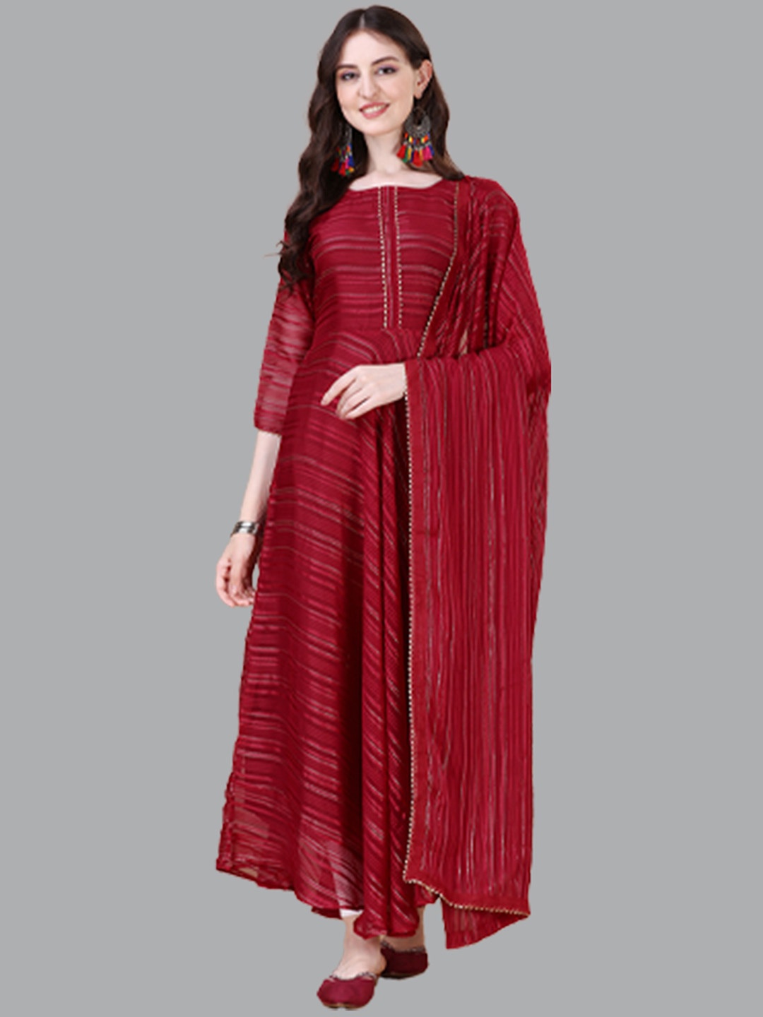 

N N ENTERPRISE Striped Gotta Patti Anarkali Style Fit & Flare Maxi Ethnic Dress, Red