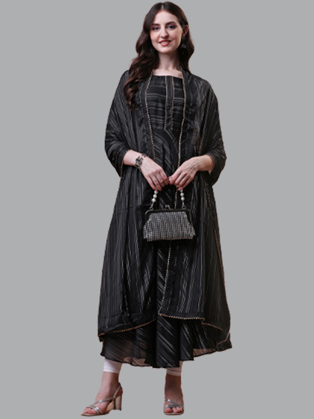 

N N ENTERPRISE Striped Regular Silk Georgette Kurta With Dupatta, Black