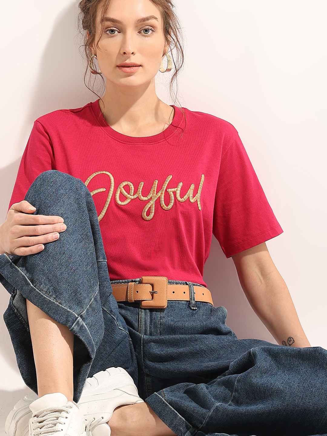 

Vero Moda Typography Embroidered Round Neck Cotton T-shirt, Red