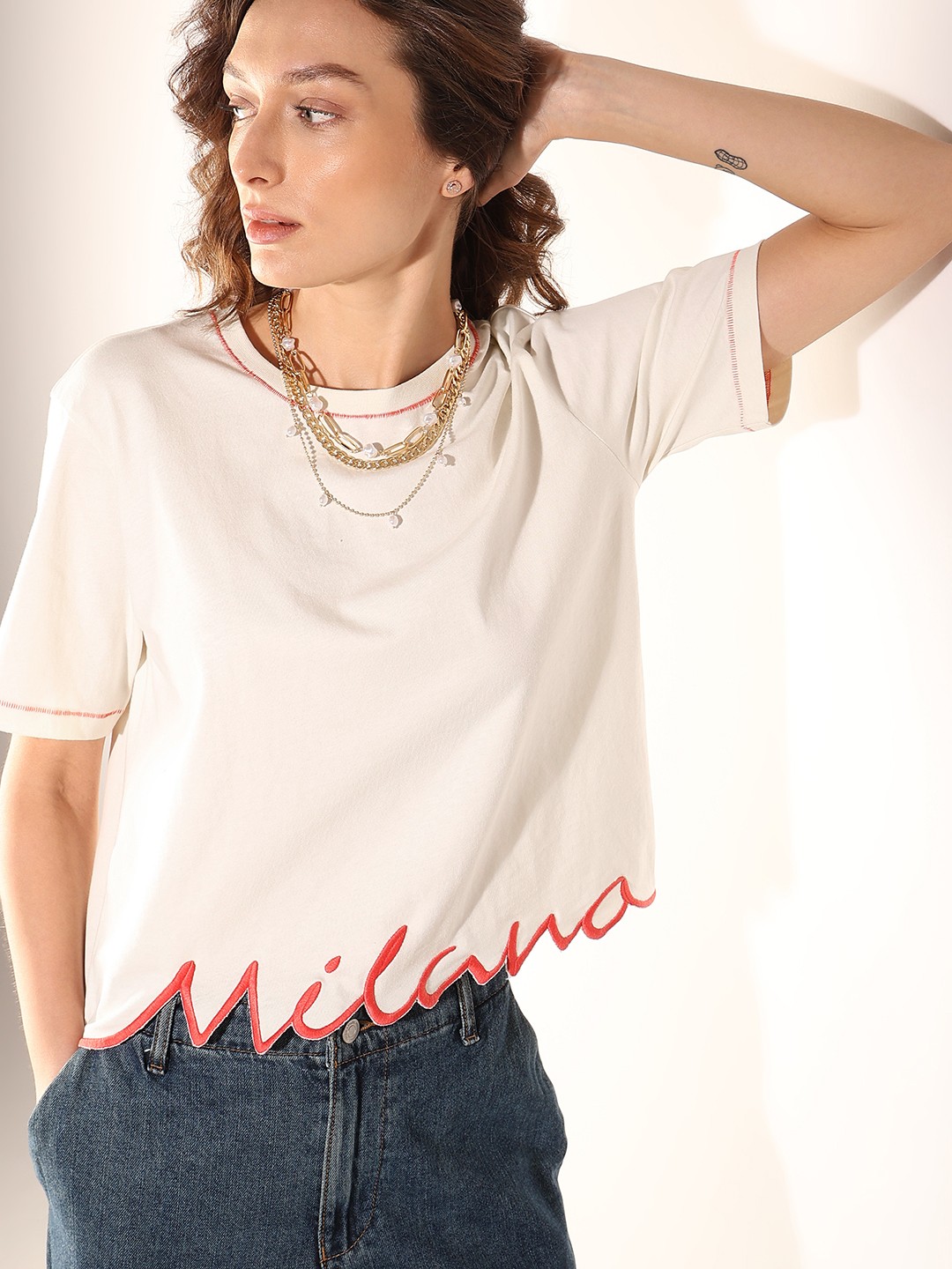 

Vero Moda Round Neck Short Sleeves Cotton T-shirt, Off white