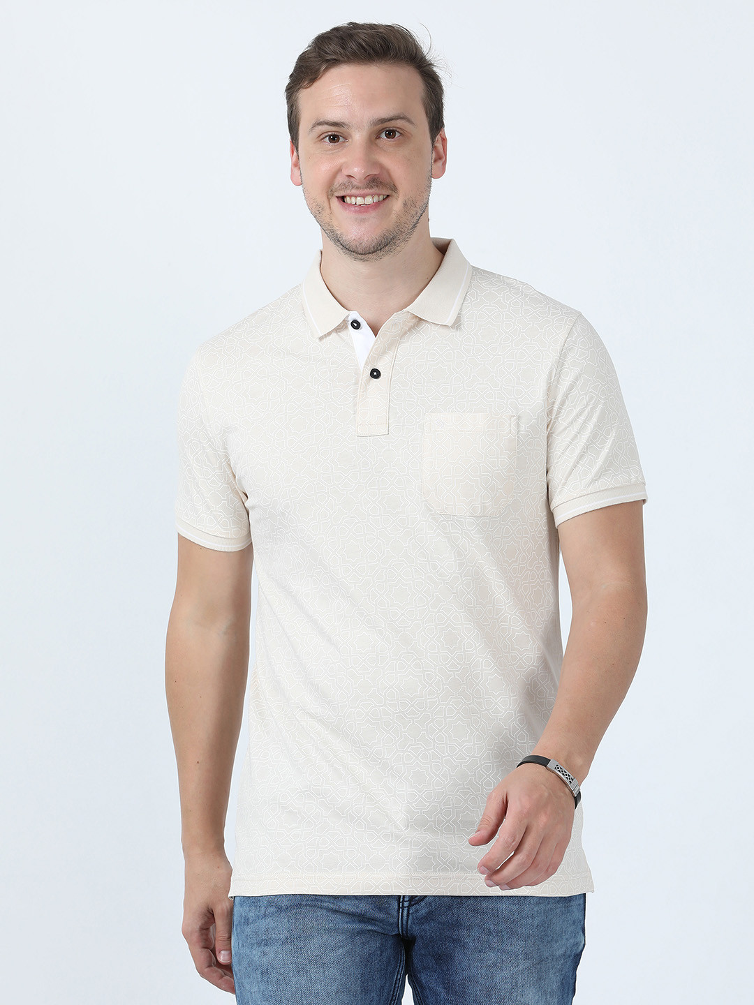 

Classic Polo Geometric Printed Short Sleeves Breathable Cotton Slim Fit T-shirt, Beige