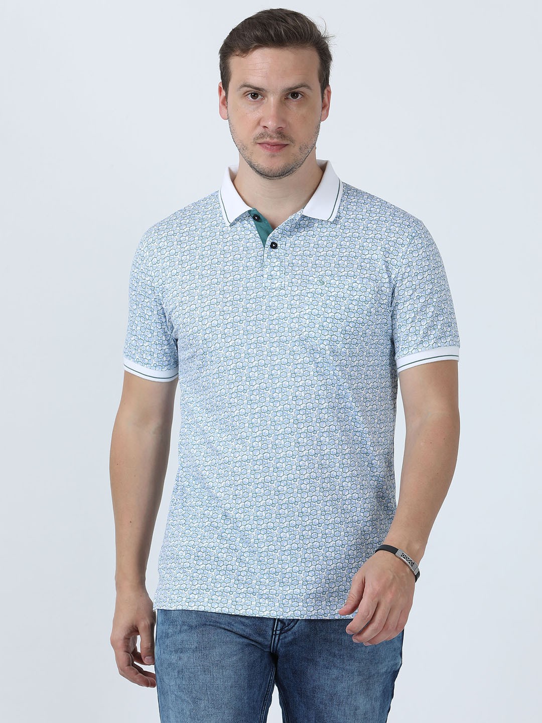 

Classic Polo Geometric Printed Short Sleeves Breathable Cotton Slim Fit T-shirt, Blue