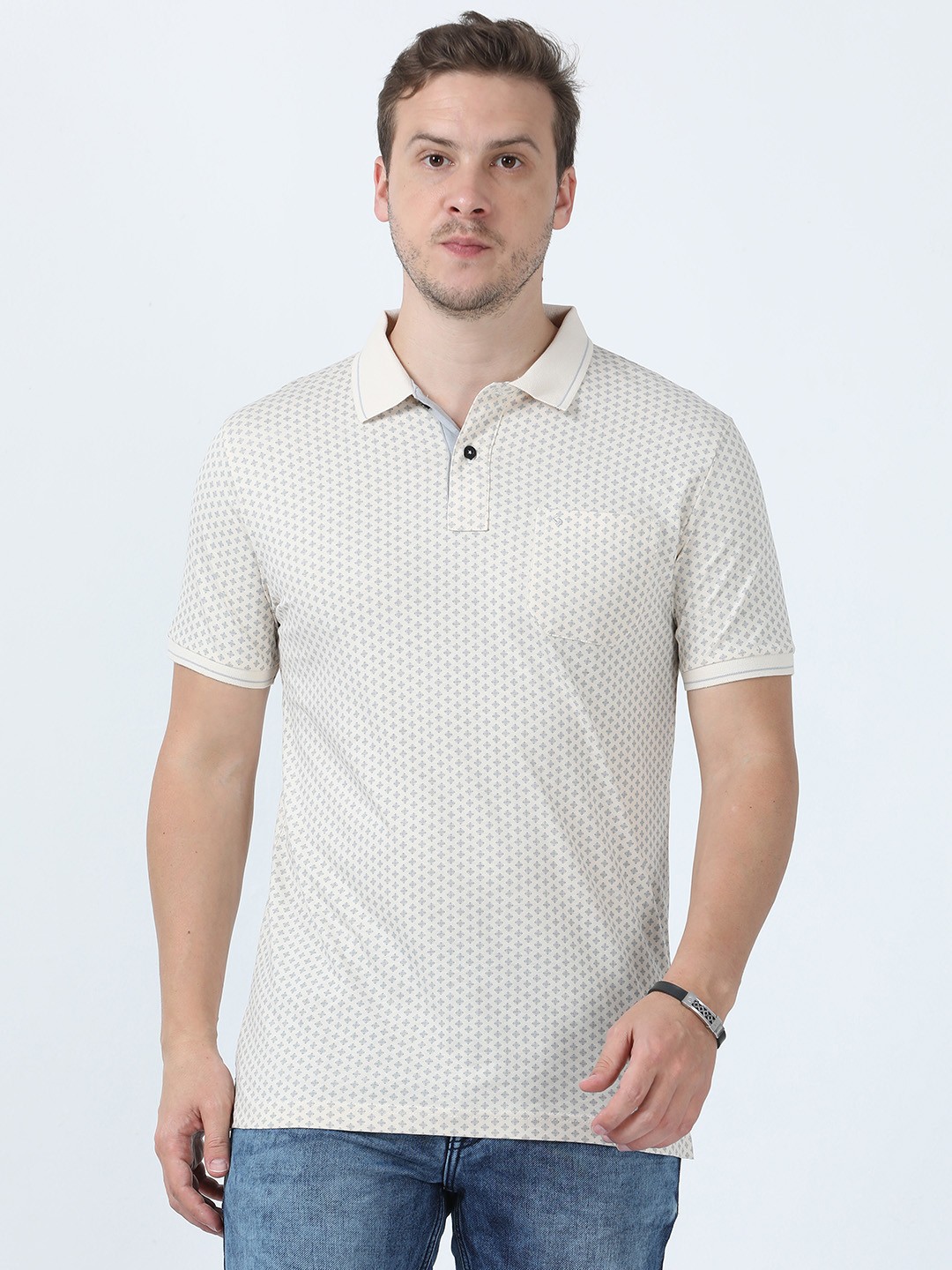 

Classic Polo Geometric Printed Polo Collar Pure Cotton Slim Fit T-shirt, Beige