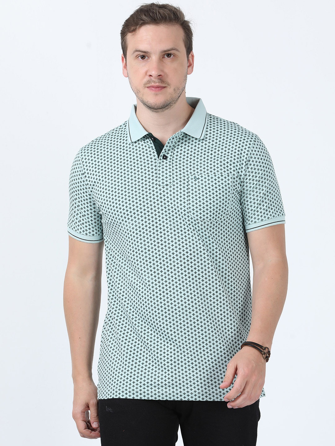 

Classic Polo Geometric Printed Polo Collar Short Sleeves Pockets Cotton Slim Fit T-shirt, Green