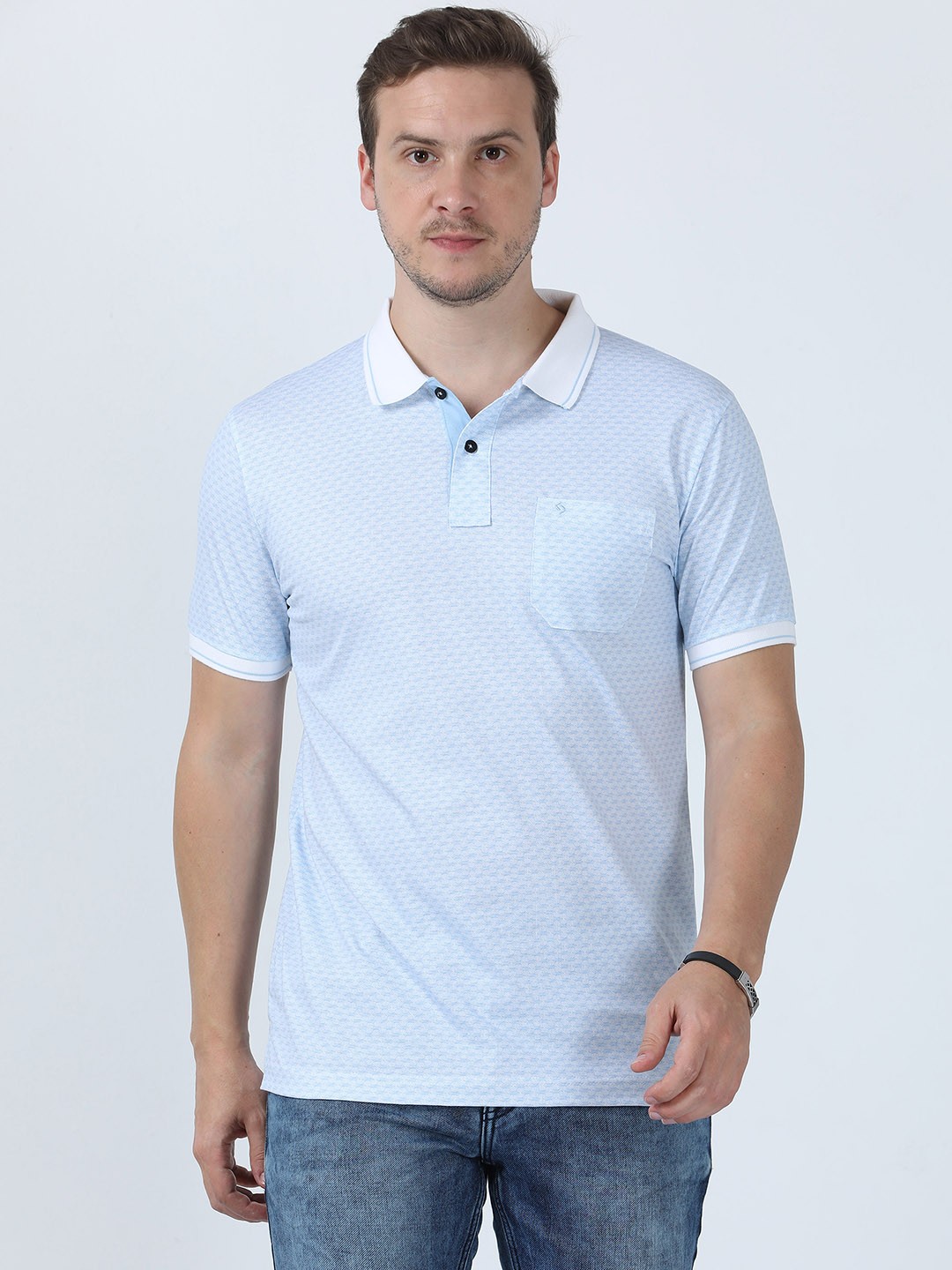 

Classic Polo Geometric Printed Polo Collar Short Sleeves Pockets Cotton Slim Fit T-shirt, Blue