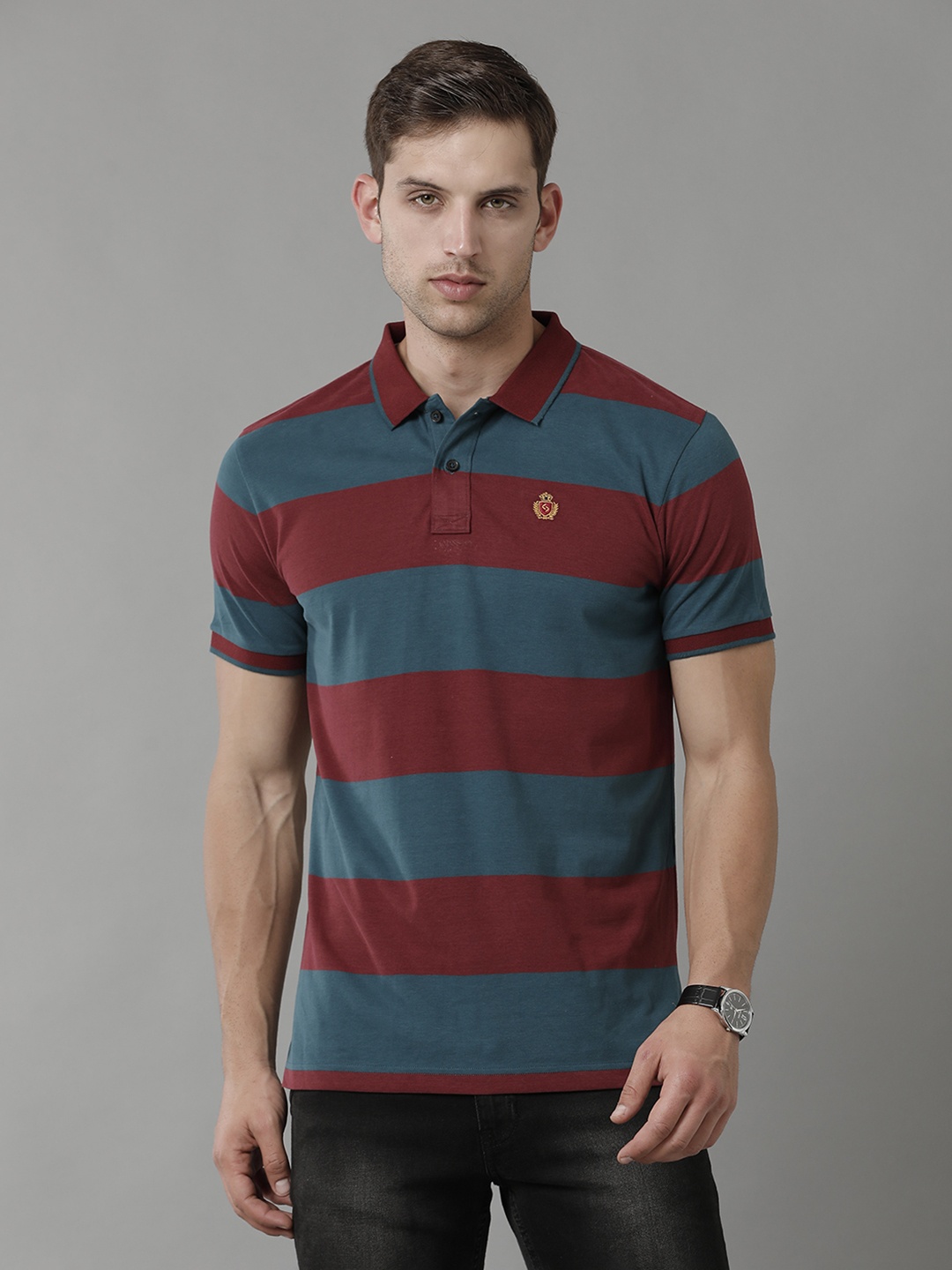 

Classic Polo Striped Polo Collar Pure Cotton Slim Fit T-shirt, Maroon