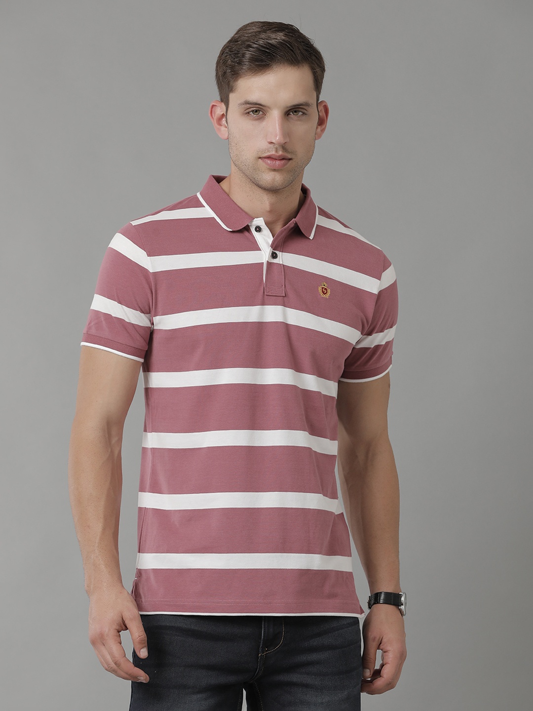 

Classic Polo Striped Polo Collar Slim Fit Pure Cotton T-shirt, Pink