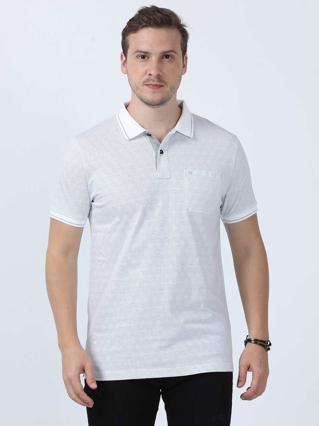 

Classic Polo Geometric Printed Polo Collar Pure Cotton Slim Fit T-shirt, White