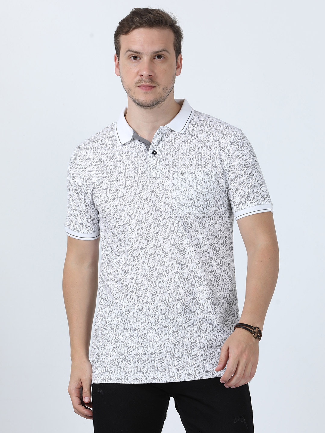 

Classic Polo Geometric Printed Short Sleeves Breathable Cotton Slim Fit T-shirt, White