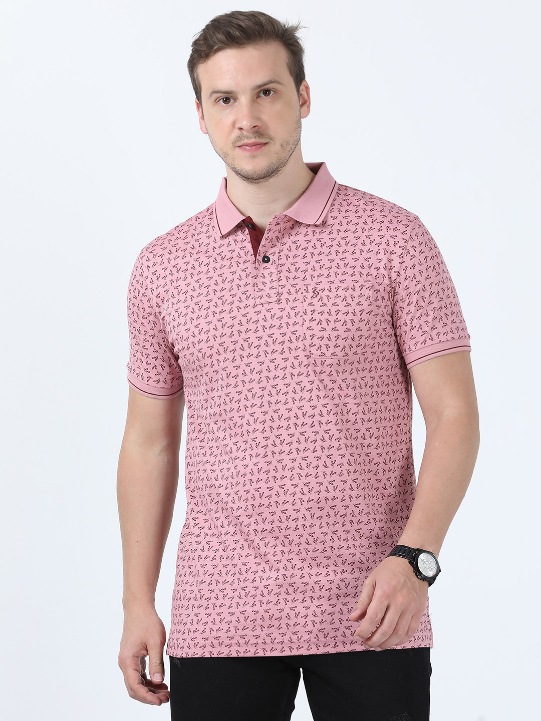 

Classic Polo Floral Printed Short Sleeves Breathable Cotton Slim Fit T-shirt, Pink
