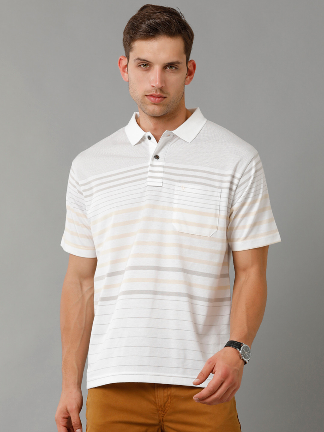

Classic Polo Striped Polo Collar Short Sleeves Cotton T-shirt, White
