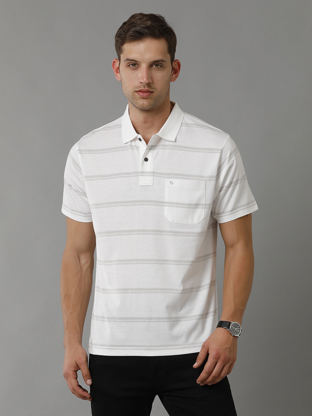 

Classic Polo Striped Polo Collar Pure Cotton T-shirt, White