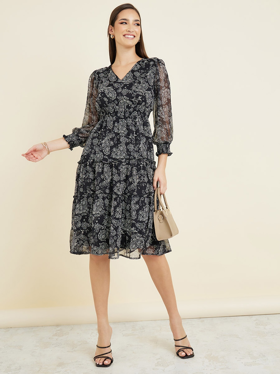 Styli Paisley Printed Puff Sleeves Smocked Tiered Fit & Flare Dress, Black