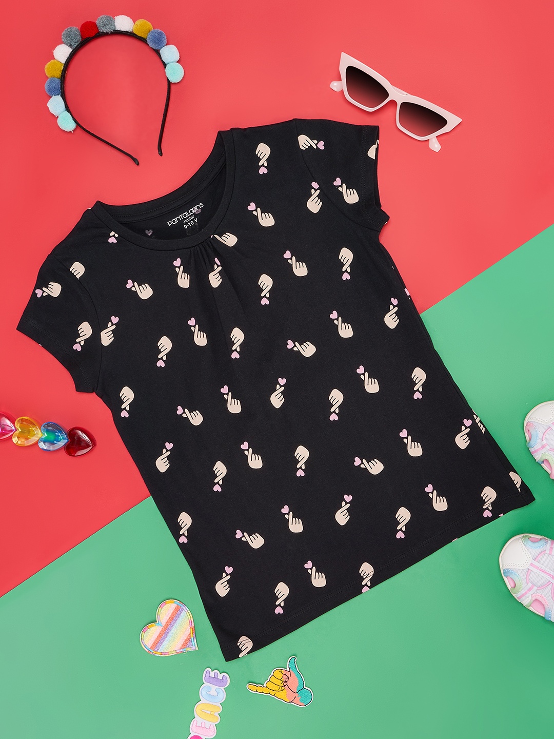 Pantaloons Junior Girls Printed Pure Cotton T-shirt, Black