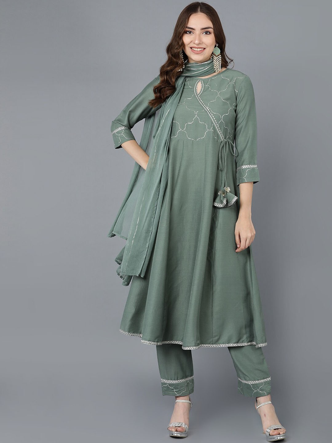 

KALINI Keyhole Neck Ethnic Printed Angrakha Gotta Patti Kurta with Trousers & Dupatta, Teal