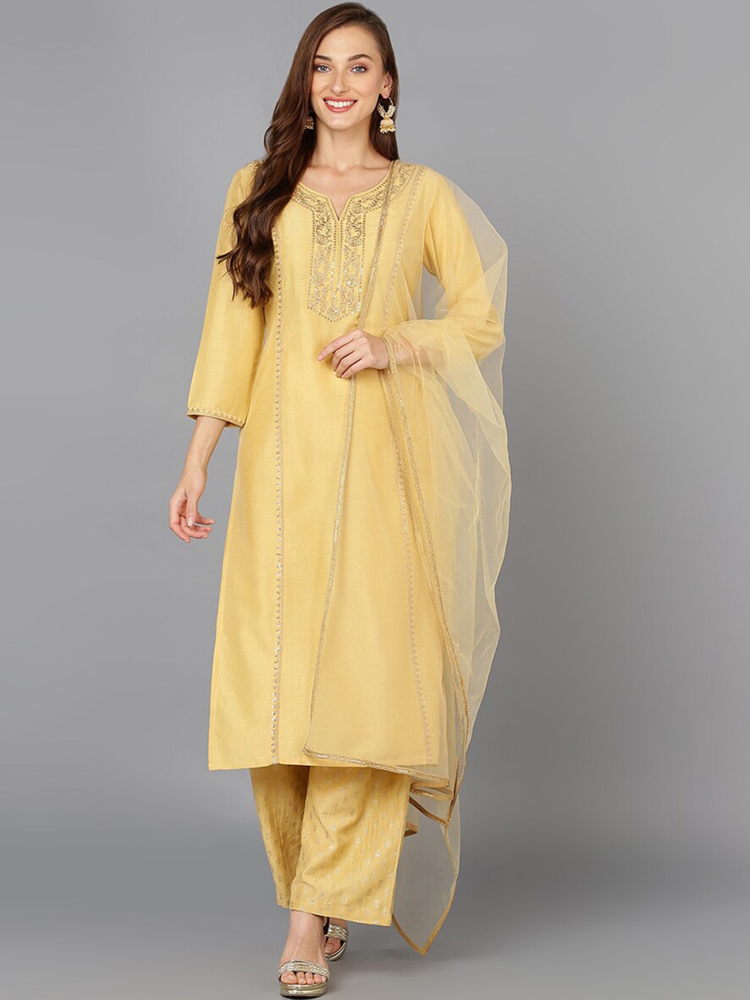 

KALINI Notch Neck Sequined Embroidered Straight Kurta with Palazzos & Dupatta, Yellow