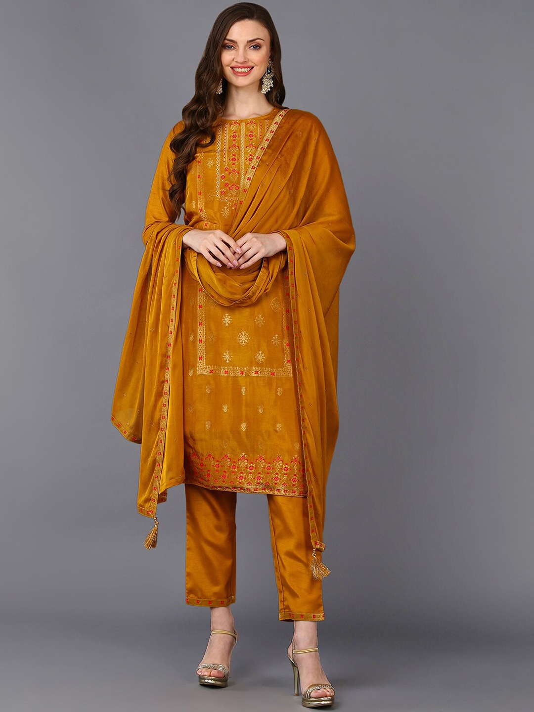 

KALINI Embroidered Regular Straight Kurta With Trousers & Dupatta, Mustard