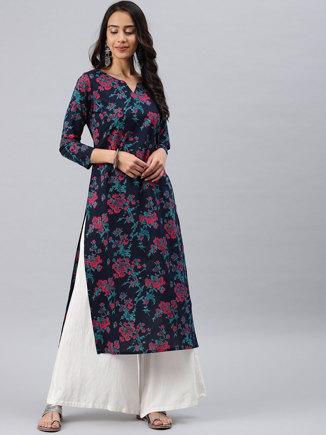 

KALINI Floral Printed Round Notched Neck Straight Kurta, Navy blue