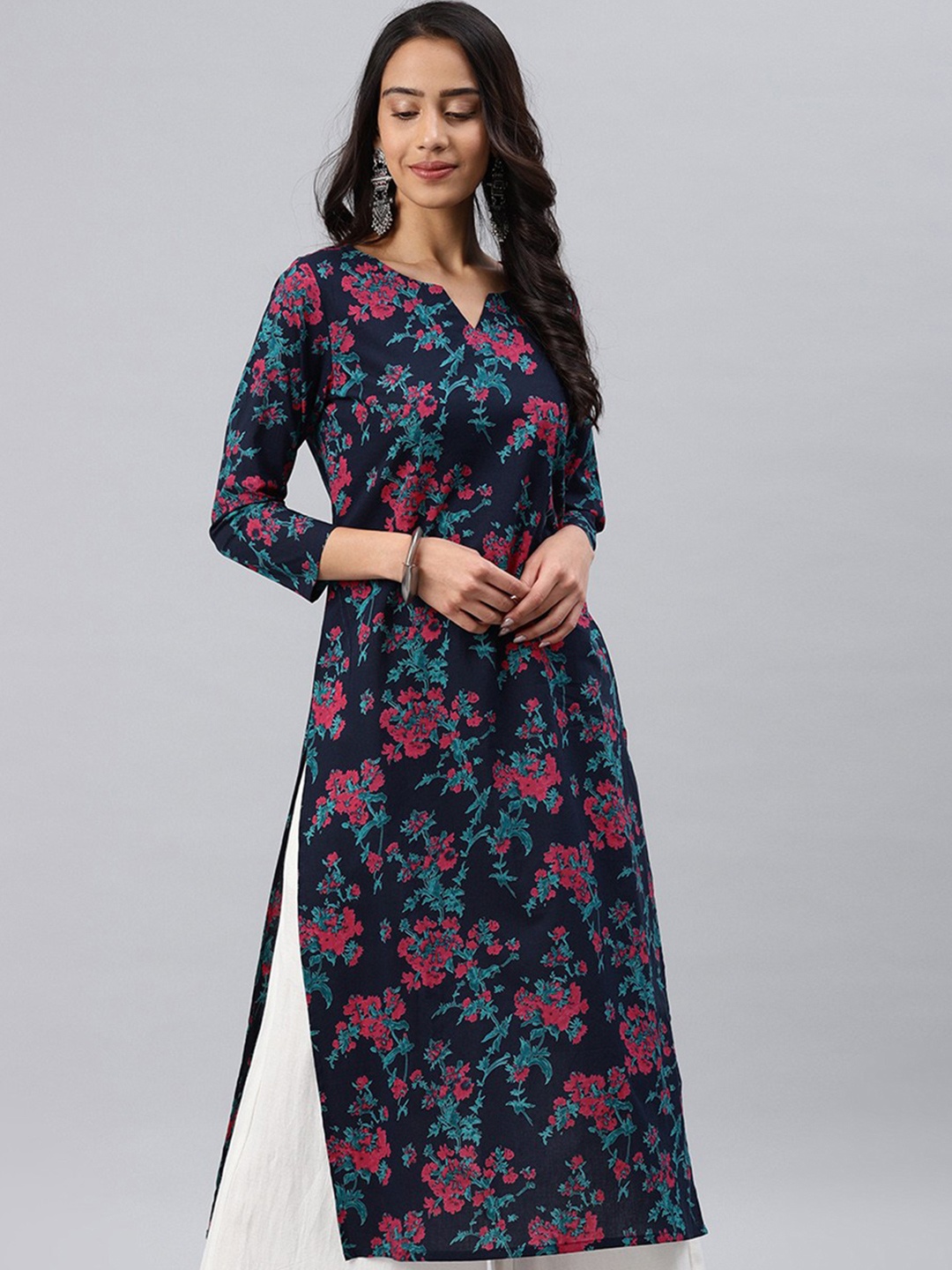 

KALINI Floral Printed Round Notched Neck Straight Kurta, Navy blue