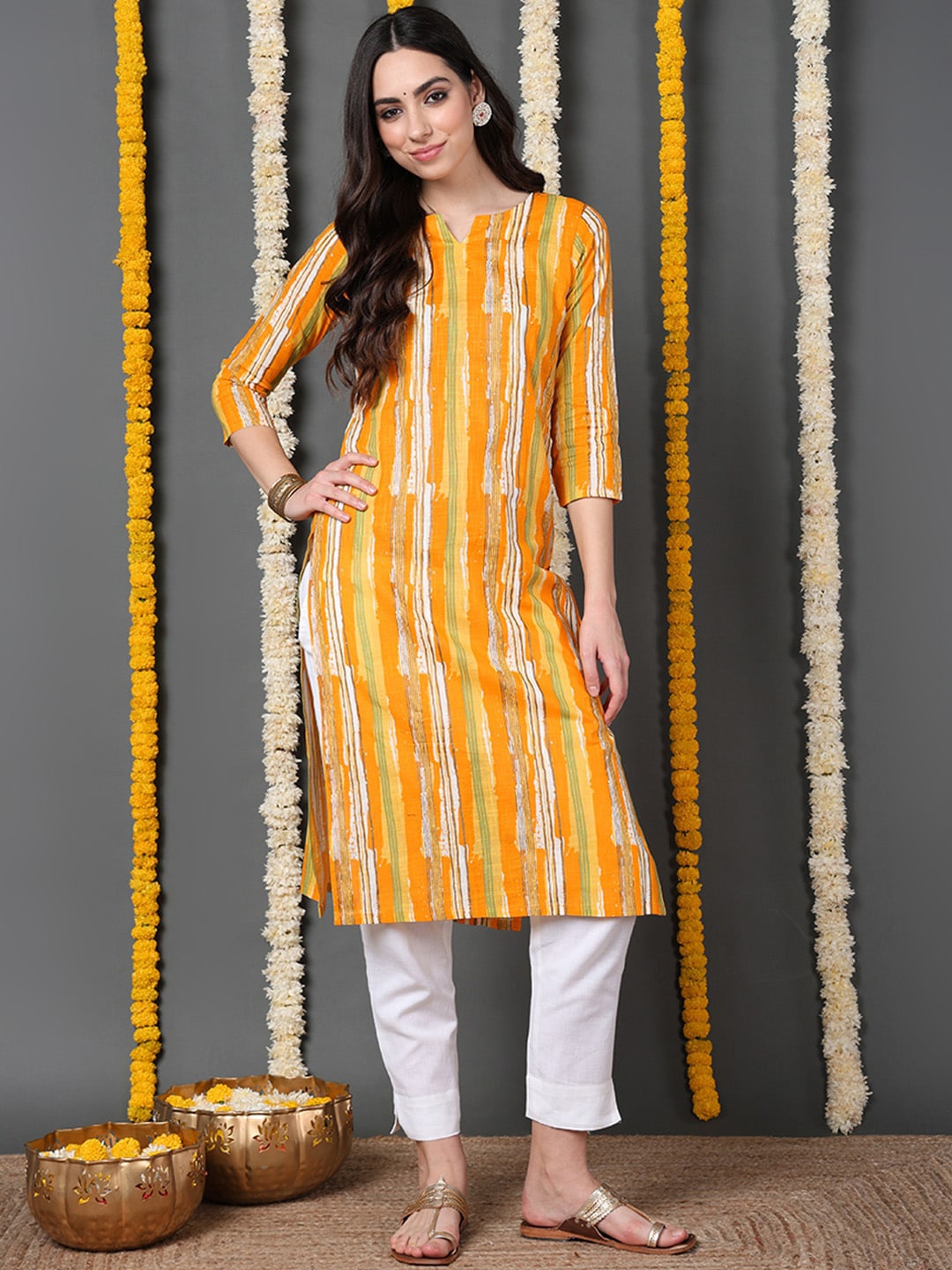 

KALINI Striped Cotton Kurta, Yellow