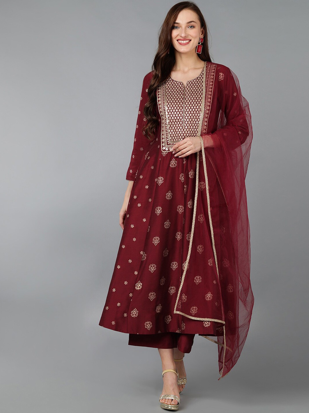 

KALINI Notch Neck Yoke Design Sequined Embroidered Empire Kurta with Palazzos & Dupatta, Maroon