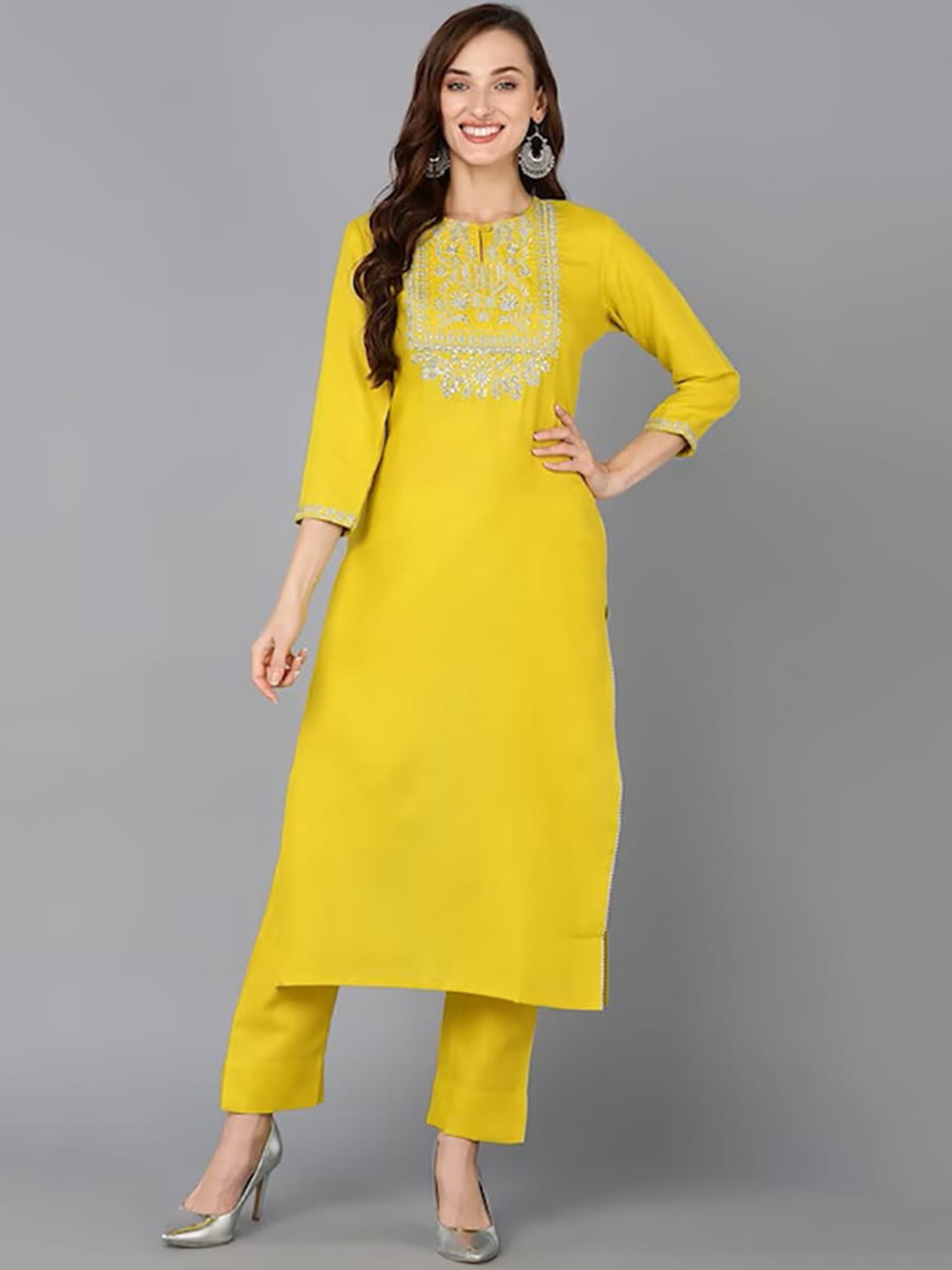 

KALINI Floral Yoke Design Notched Neck Thread Work Straight Kurta, Yellow