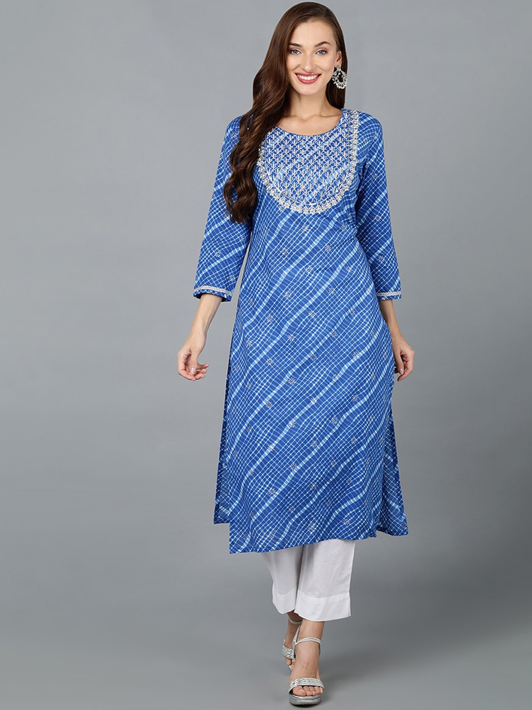 

KALINI Striped Round Neck Thread Work Cotton Straight Kurta, Blue