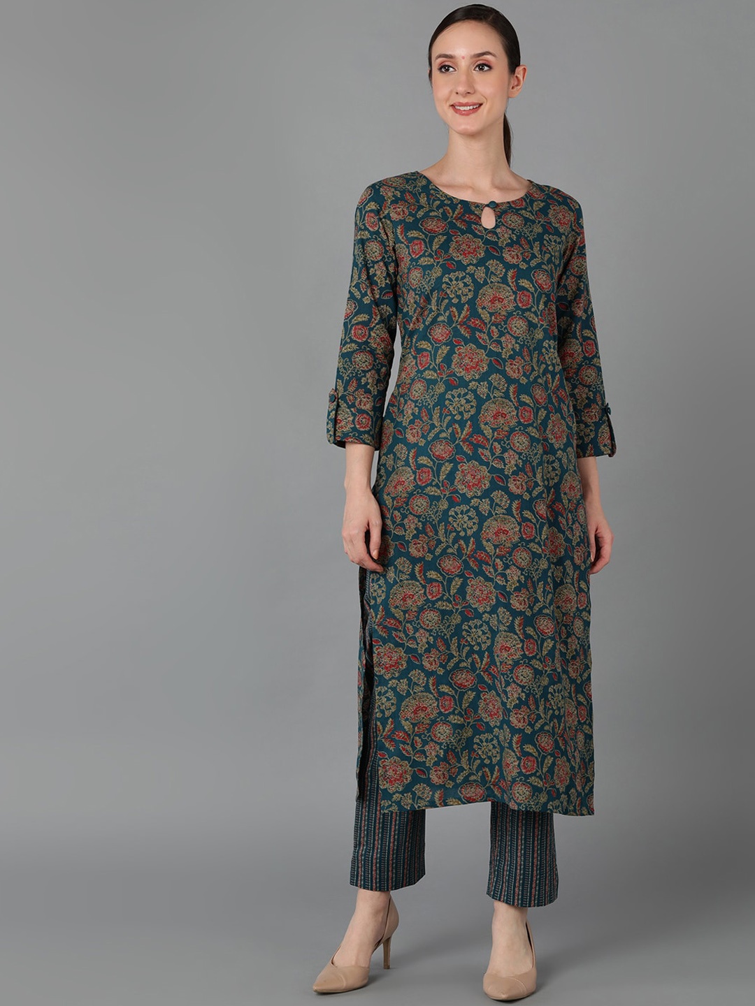 

KALINI Floral Printed Keyhole Neck Cotton Straight Kurta, Green