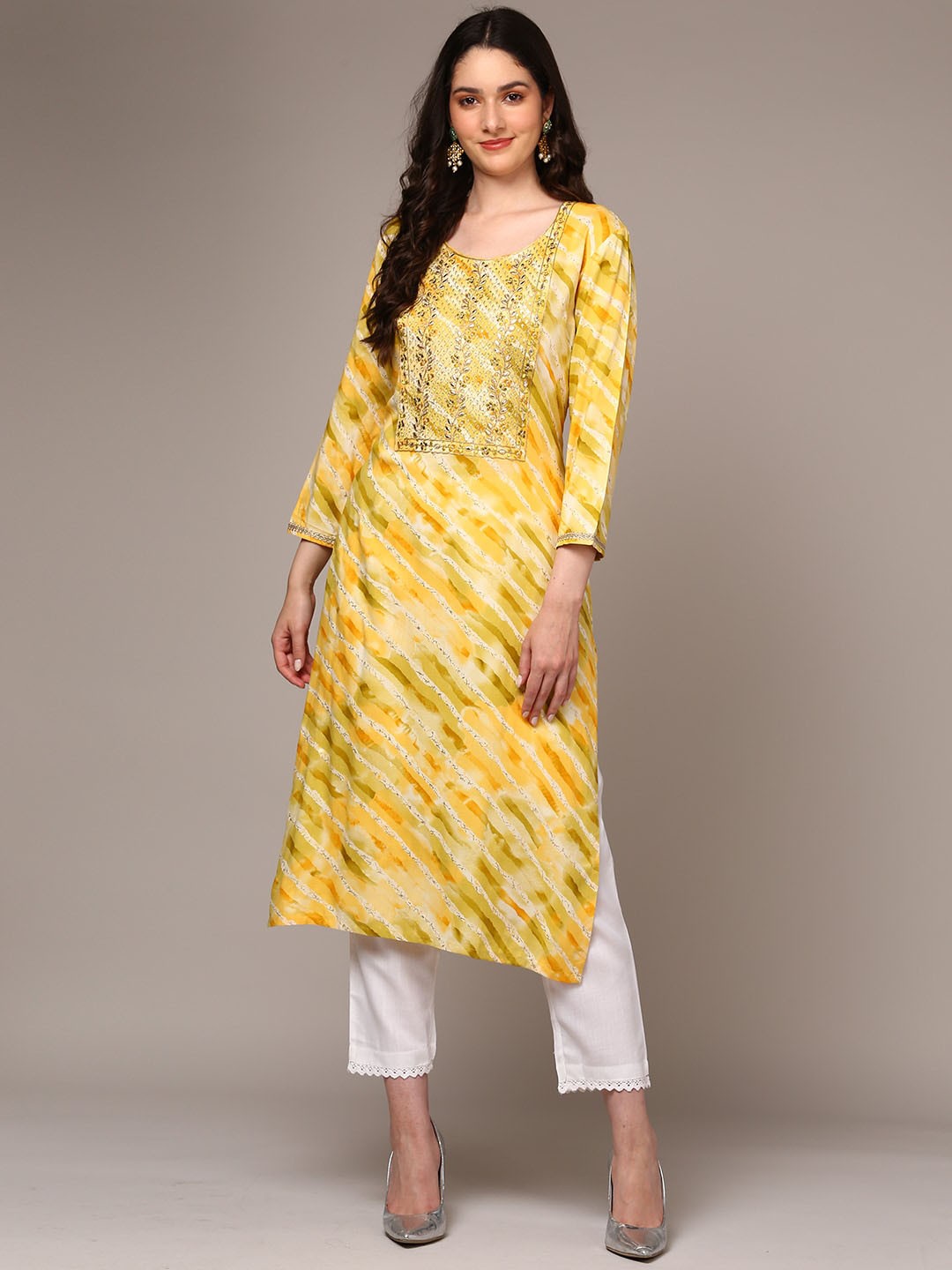 

KALINI Leheriya Printed Round Neck Sequinned Straight Kurta, Yellow