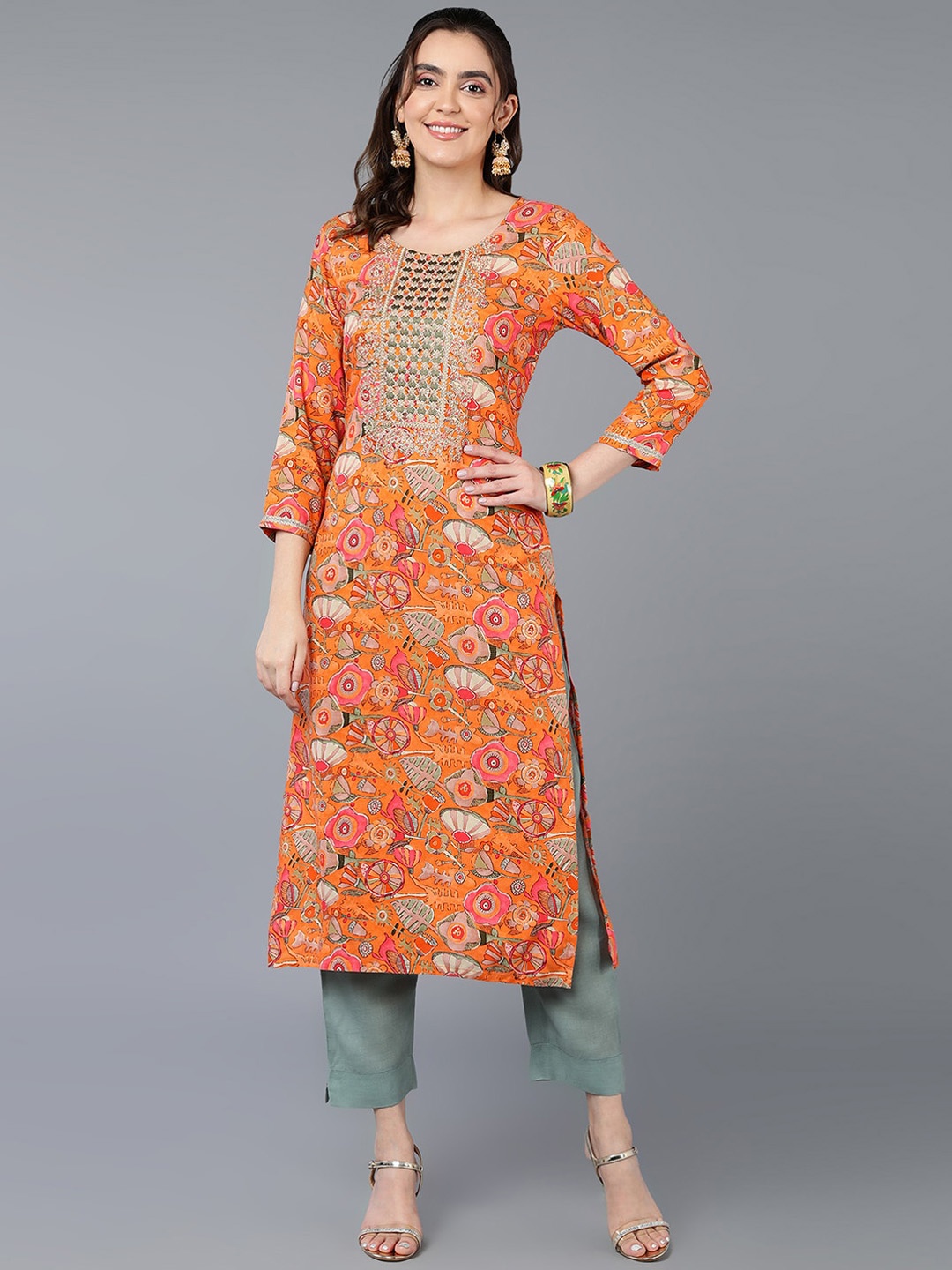 

KALINI Floral Printed Round Neck Sequinned Straight Kurta, Orange