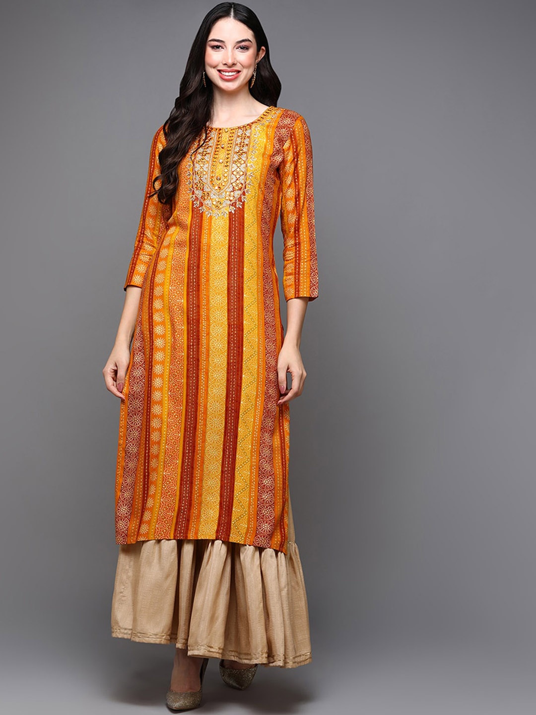 

KALINI Bandhani Printed Round Neck Thread Work Straight Kurta, Yellow