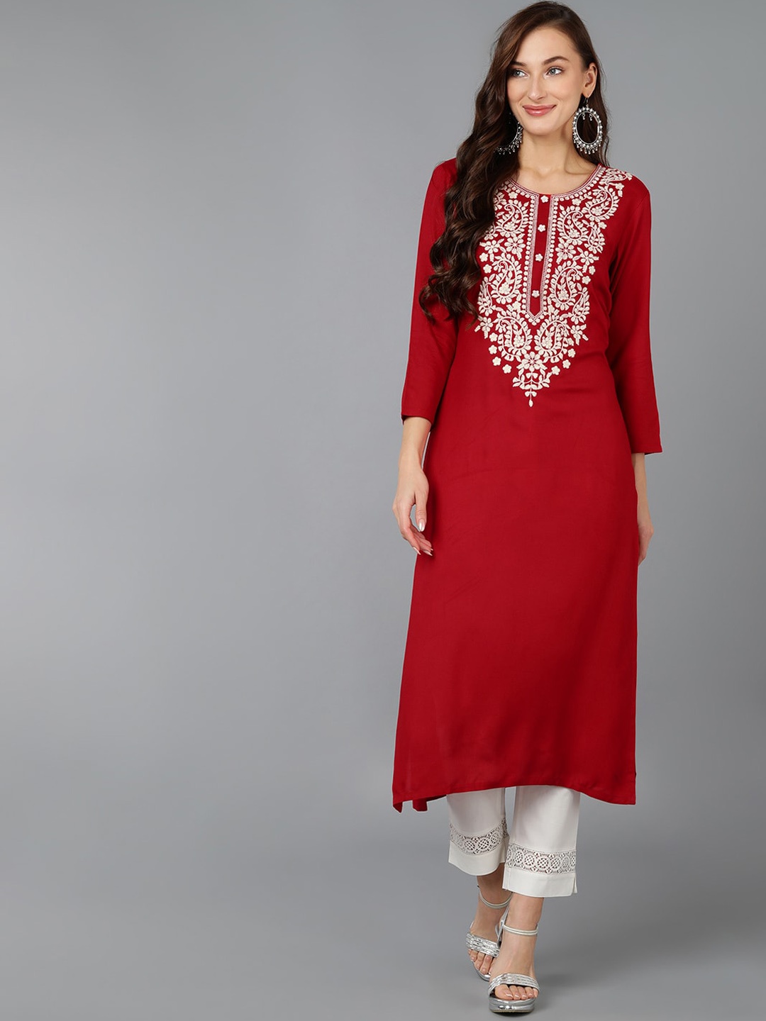 

KALINI Paisley Yoke Design Round Neck Thread Work Straight Kurta, Red