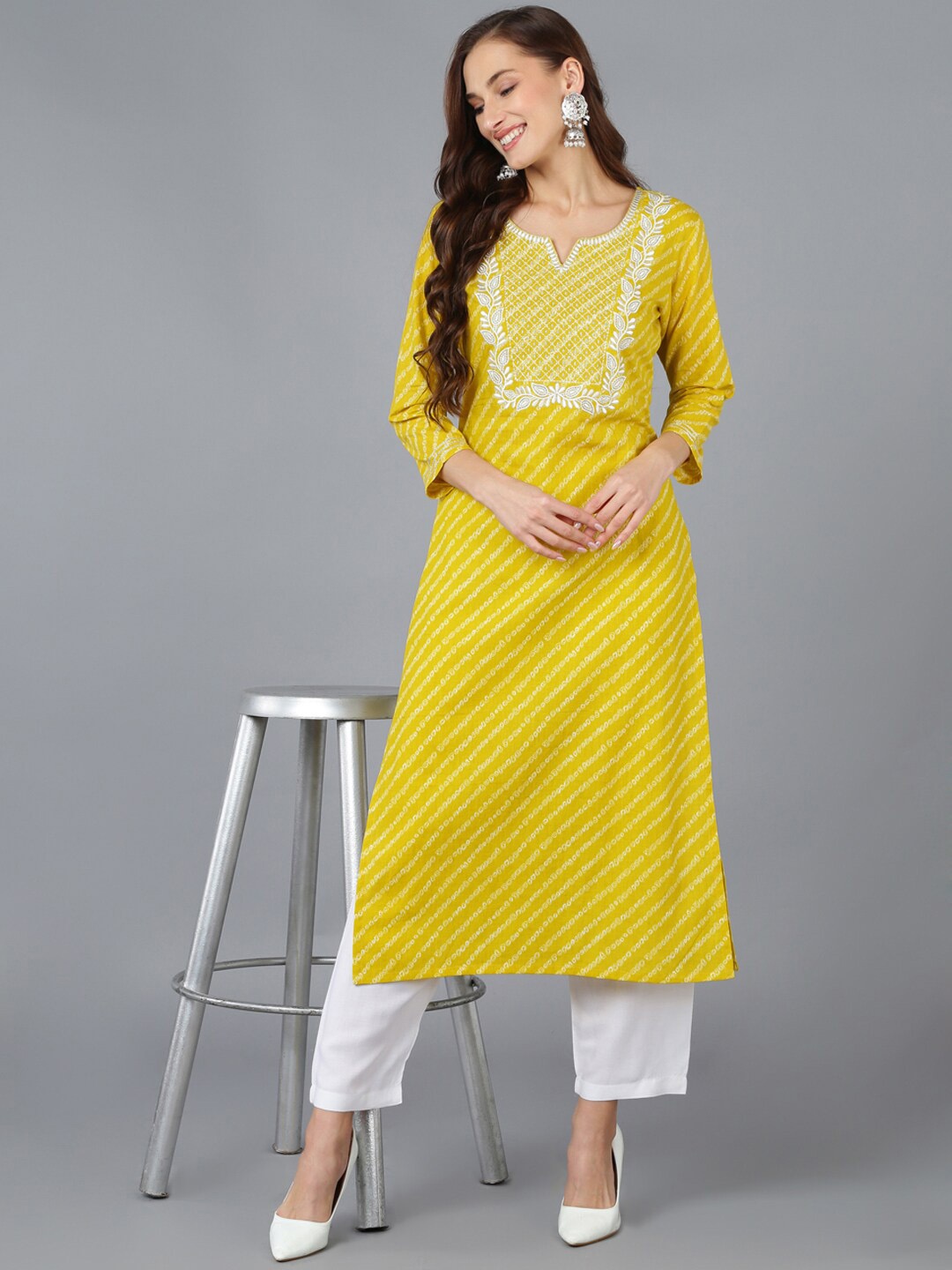 

KALINI Leheriya Printed Notched Neck Thread Work Cotton Straight Kurta, Yellow