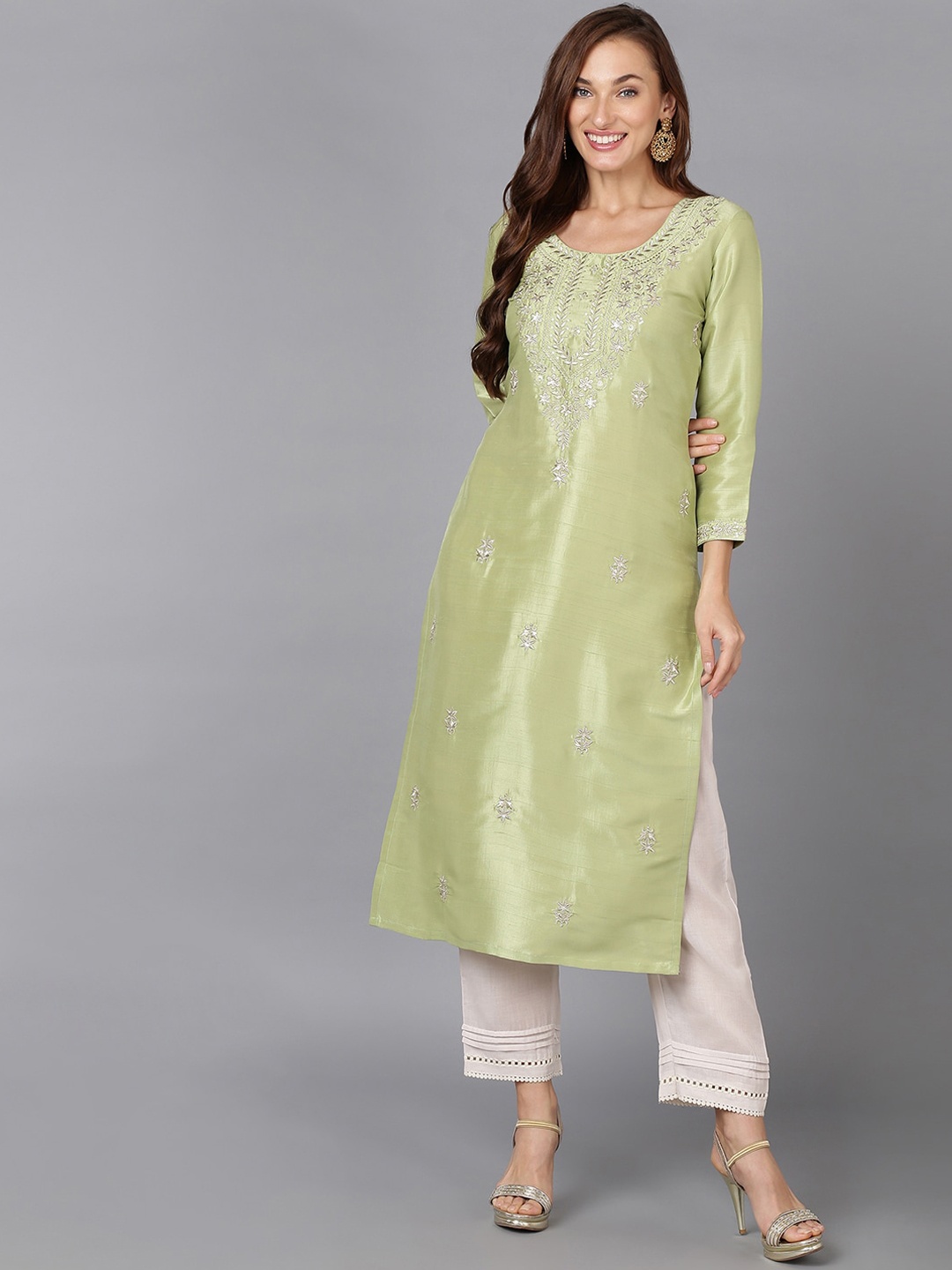 

KALINI Ethnic Motifs Embroidered Round Neck Sequinned Straight Kurta, Lime green