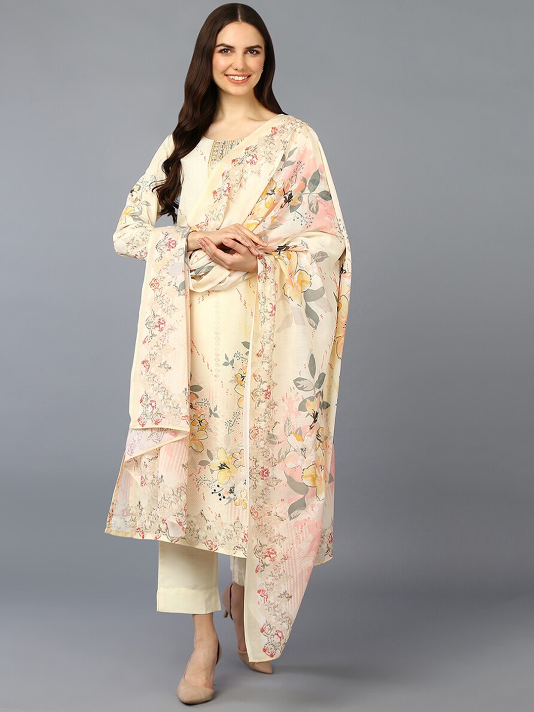 

KALINI Floral Printed Round Neck Straight Kurta With Trousers & Dupatta, Yellow