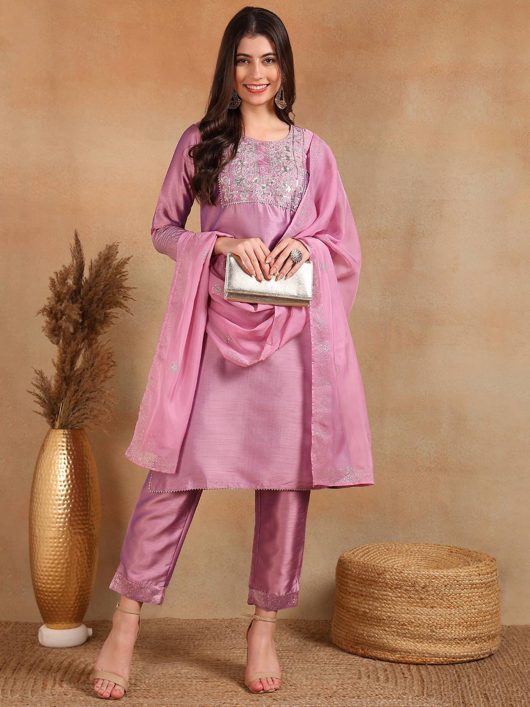 

KALINI Round Neck Yoke Design Embroidered Gotta Patti Kurta with Trousers & Dupatta, Lavender