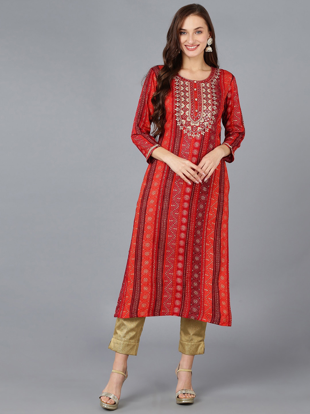 

KALINI Bandhani Printed Round Neck Thread Work Straight Kurta, Red