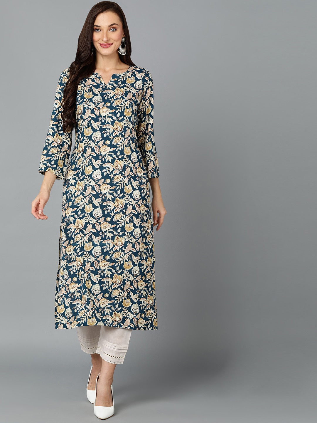 

KALINI Floral Printed Notched Neck Straight Kurta, Blue