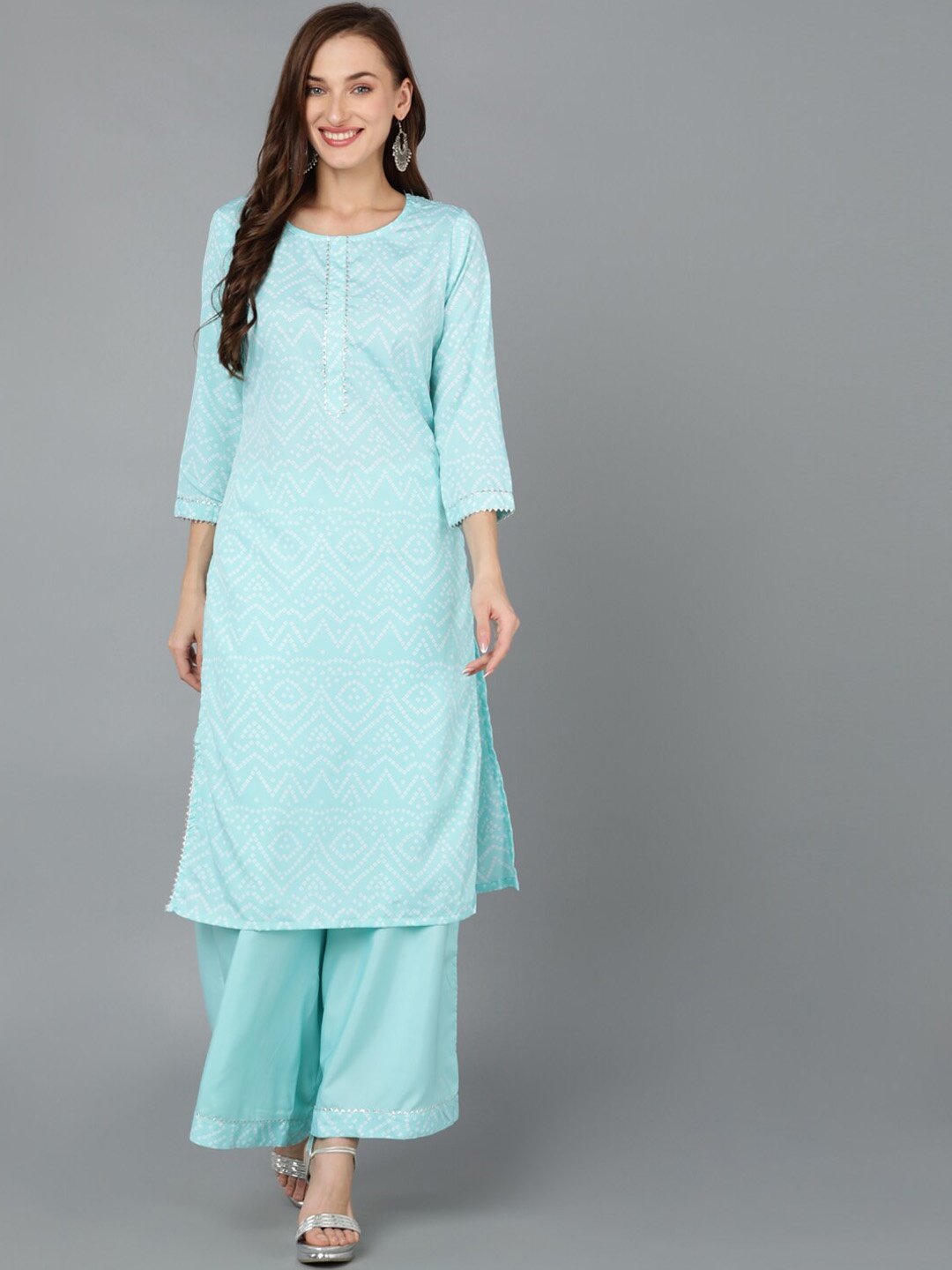 

KALINI Bandhani Printed Gotta Patti Kurta with Palazzos, Sea green